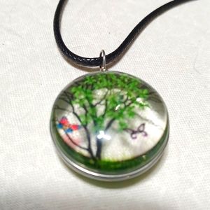 Butterfly tree pendant scene scenic flower green glass grass pink purple silver
